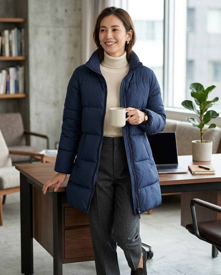 사무실 책상 앞에 서서 패딩점퍼와 슬랙스를 착용한 모습입니다.
