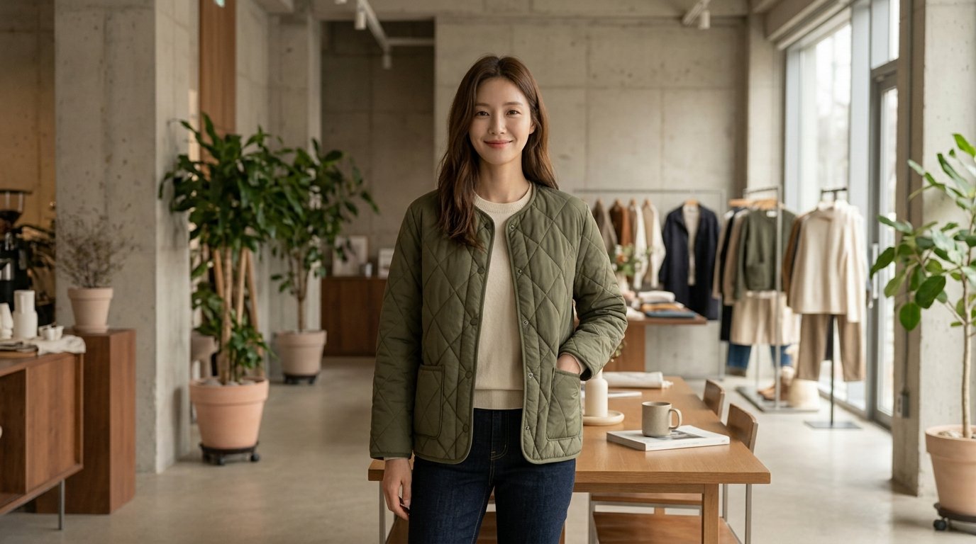 도시 풍경 속 퀼팅 자켓을 걸친 인물 모습