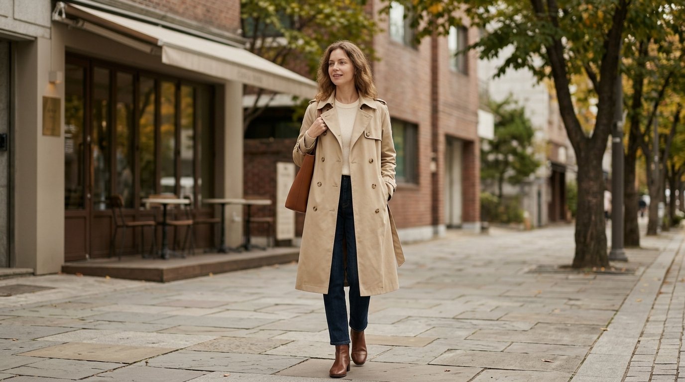 도시 거리에서 트렌치코트를 입은 모델들