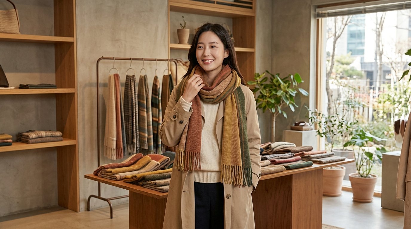 고급 부티크의 겨울 액세서리와 스카프를 착용한 마네킹 그룹