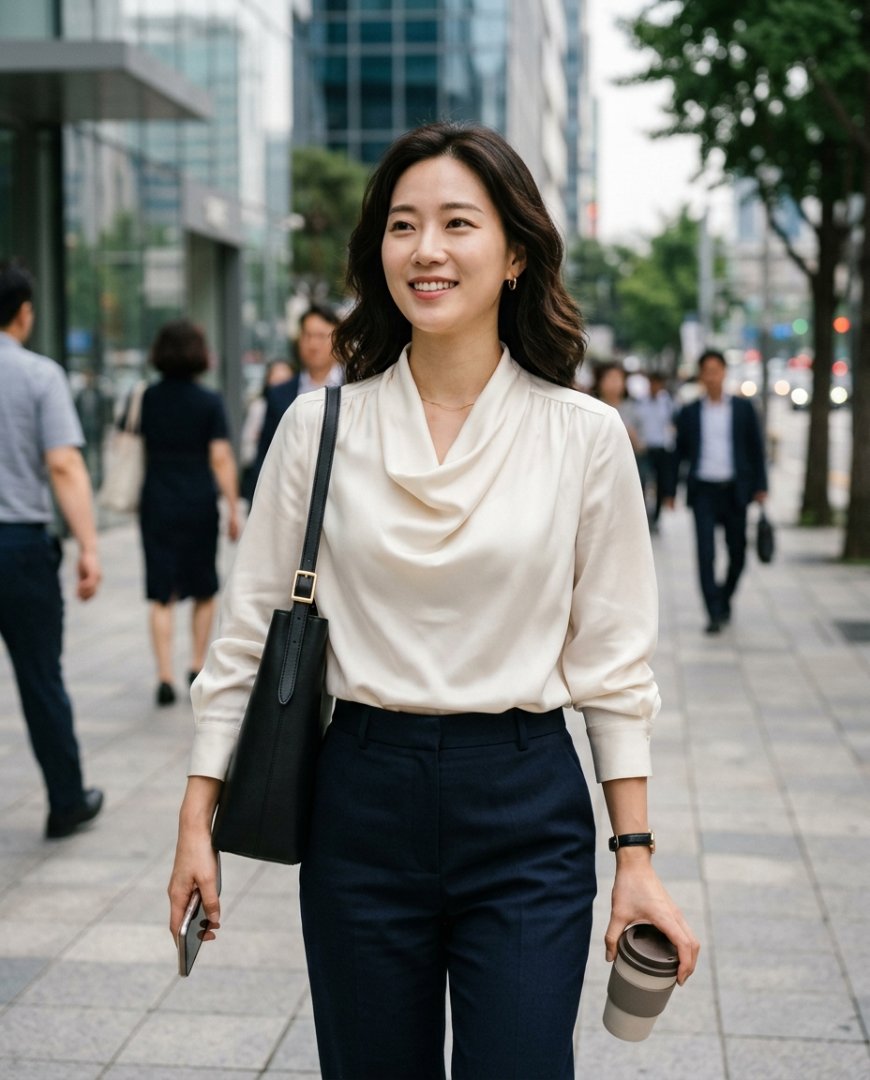 슬림 슬랙스를 입은 사람이 블라우스를 착용한 모습