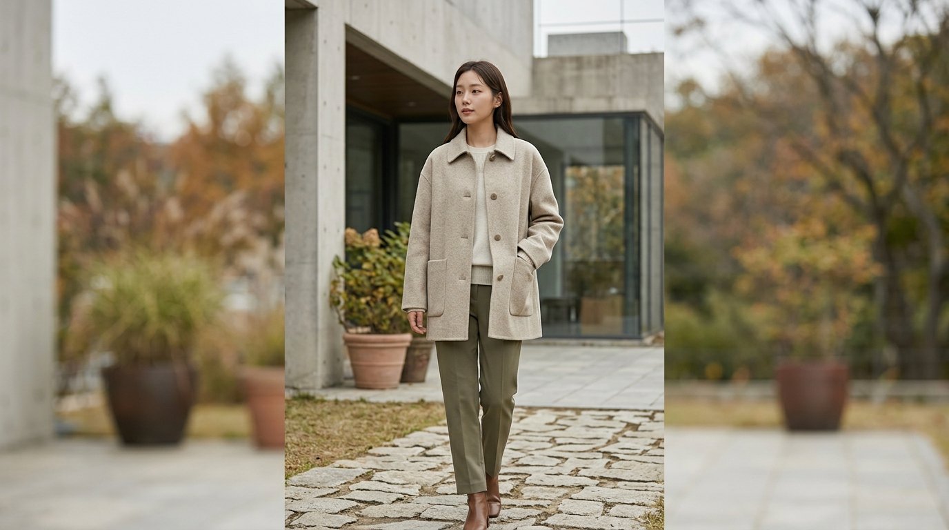 하프자켓을 입고 상징적인 거리에서 포즈