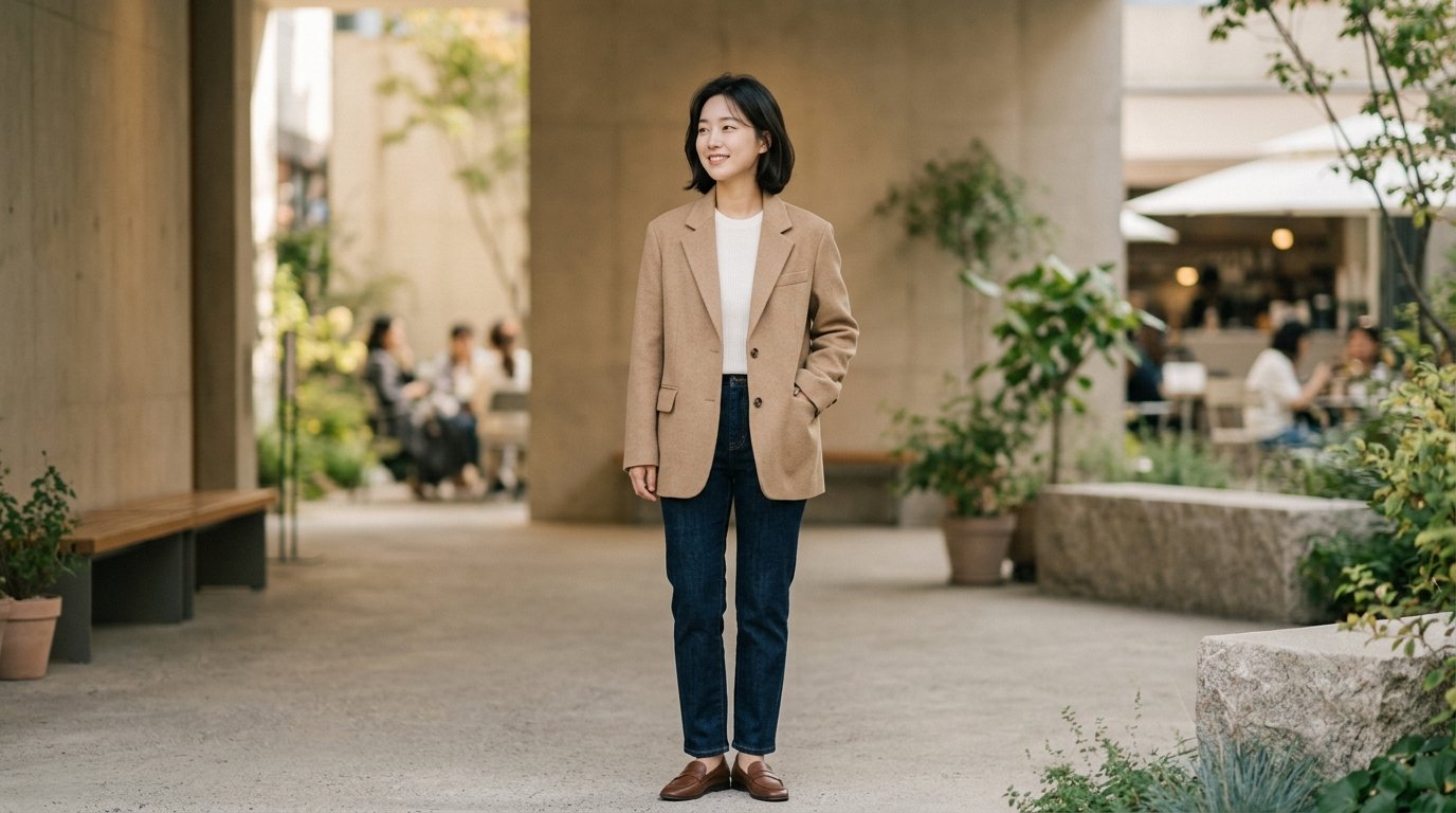 모던한 실내에서 자켓과 슬랙스를 매치한 중립 색감의 풍경