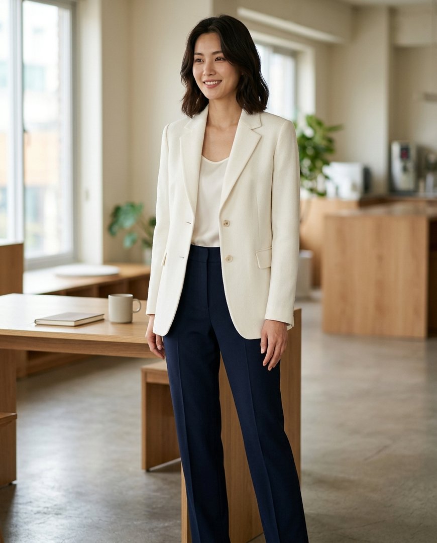 오피스 환경에서 화이트 자켓과 슬랙스를 착용한 모습