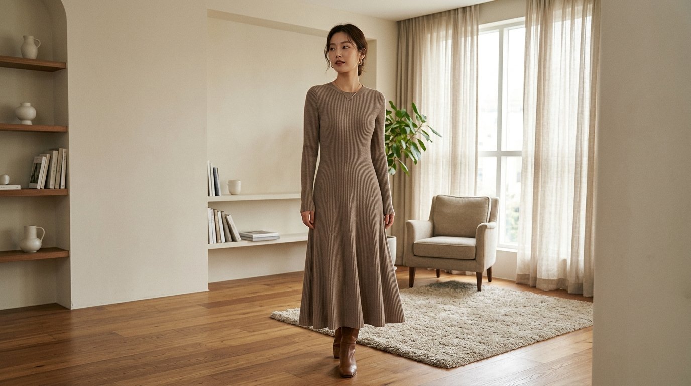 현대적 사무실에서 긴팔원피스를 입고 있는 여성의 전신 모습