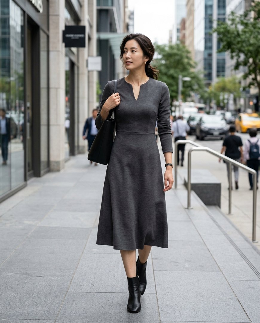 도시적 오피스 환경에서 긴팔 원피스를 입은 여성의 반신 사진