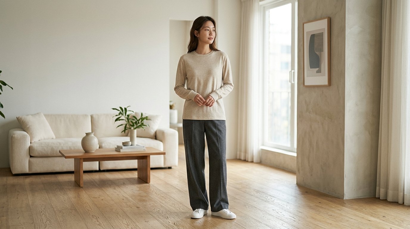 세 사람이 서로 다른 스타일의 긴팔티셔츠를 입고 대화하는 장면