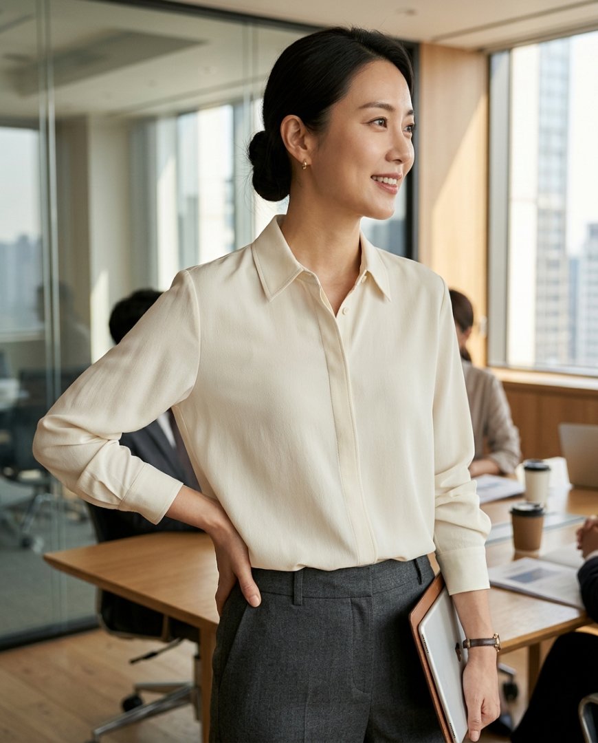 회의실에서 셔츠와 슬랙스를 입은 인물