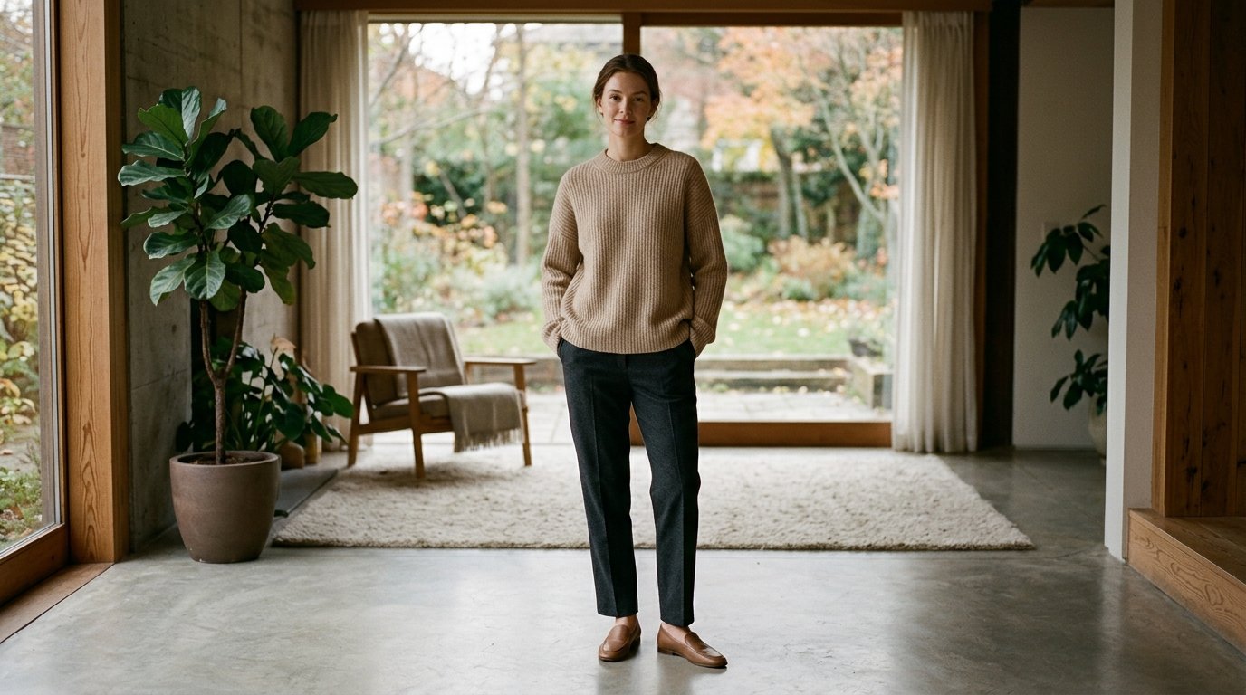 니트를 입고 카페에서 소파에 기대 쉬고 있는 장면.