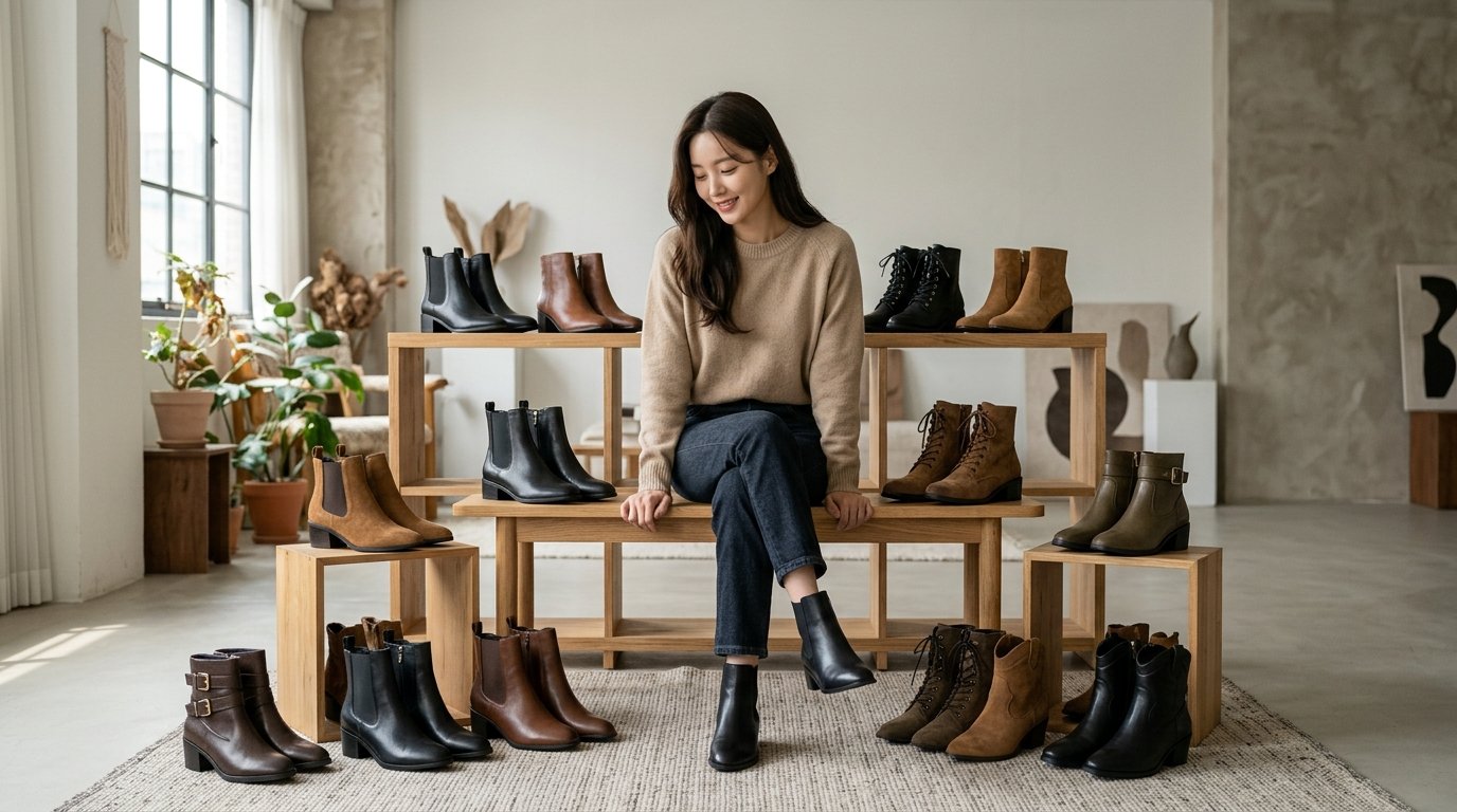 도심에서 코트와 롱 부츠를 착용한 여성의 겨울 패션.