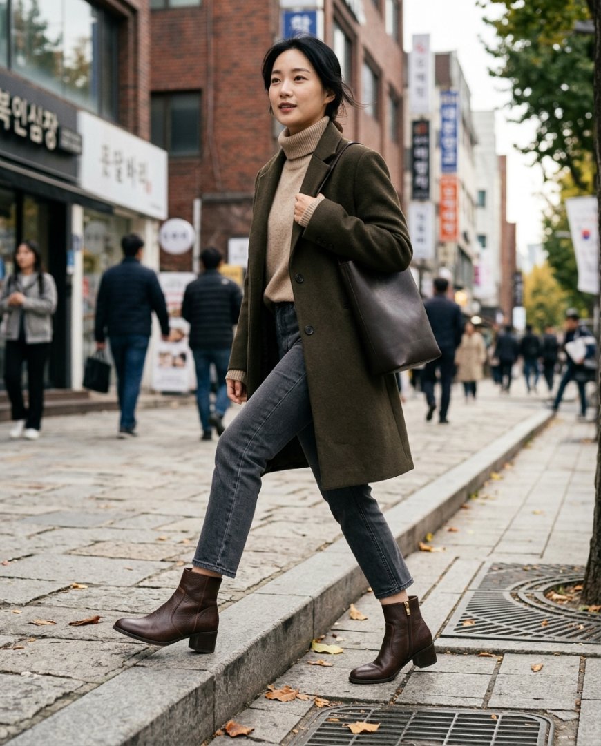도시 거리에서 카키 앵클부츠와 데님을 착용한 모습