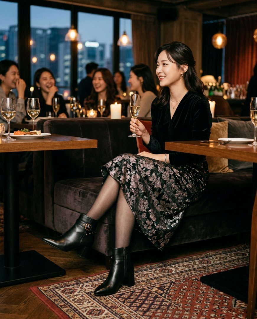 레스토랑에서 베이지 롱 부츠와 드레스를 입은 여성