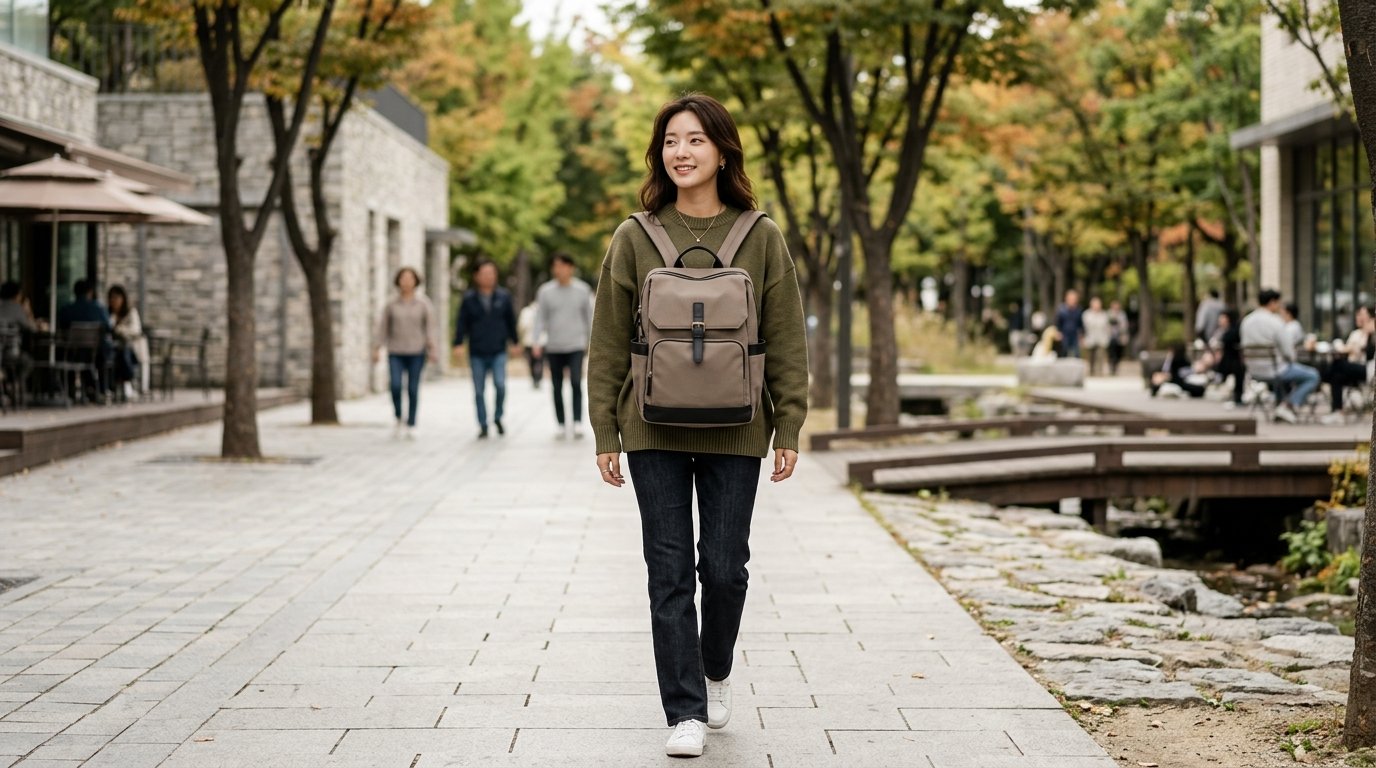 여러 디자인의 여성 백팩이 테이블에 진열된 모습