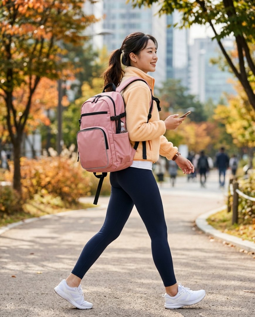 운동화에 핑크 백팩을 코디한 활기찬 야외 스타일