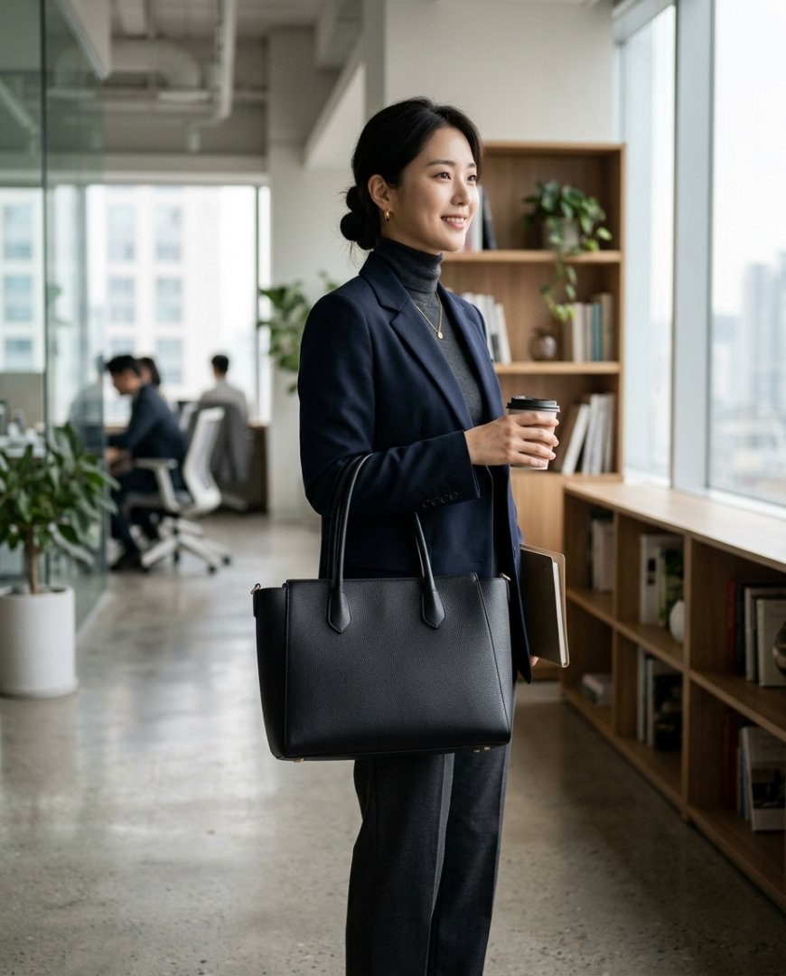 오피스에서 팬츠 수트와 블랙 토트백을 매치한 모습