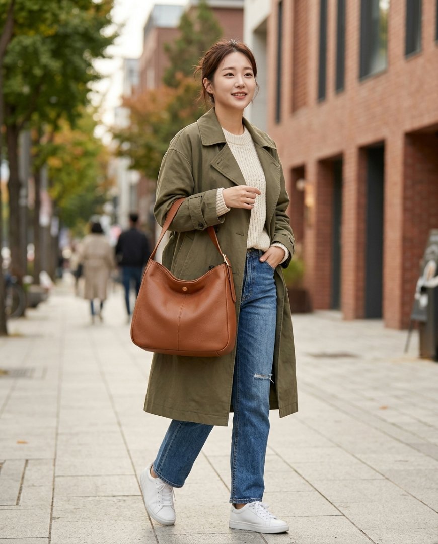 도심 거리에서 청바지와 브라운 숄더백을 매치한 여성