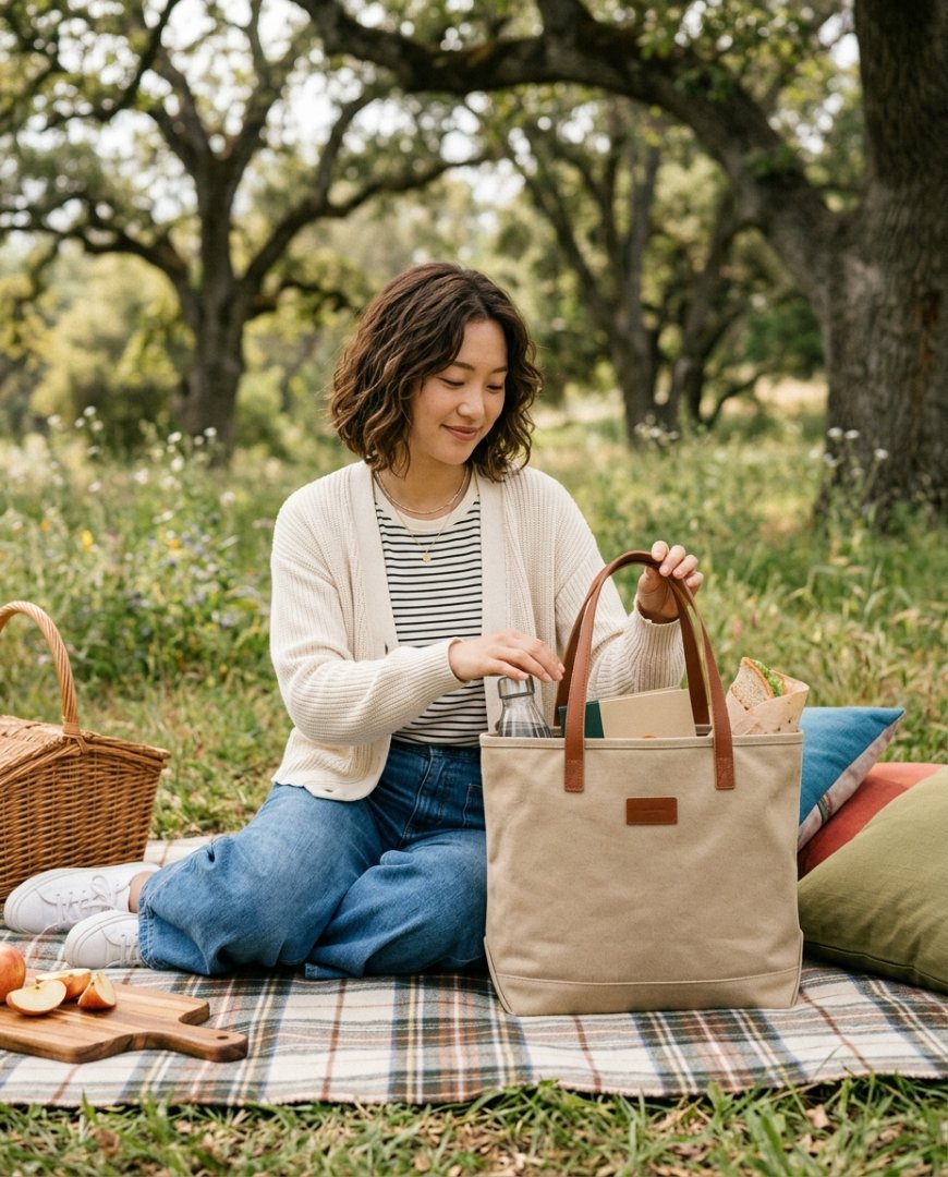 공원 피크닉에서 캔버스 토트백을 내놓은 모습