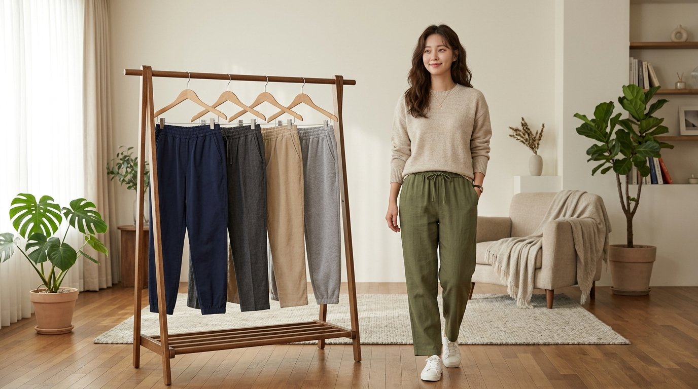 도시 거리에서 베이지 밴딩팬츠를 착용한 모델 모습