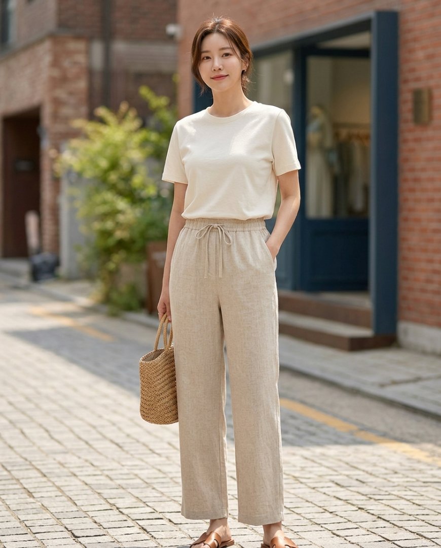 카페에서 편안하게 린넨 팬츠를 입은 여성