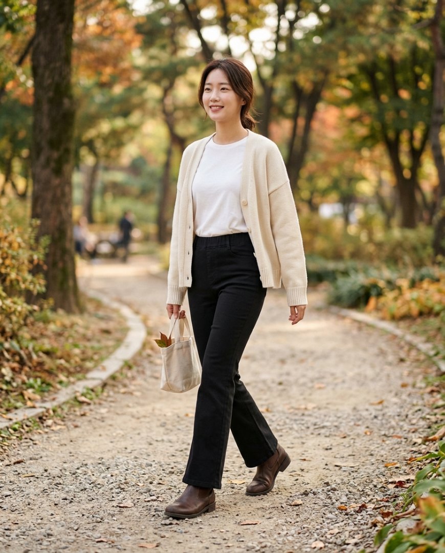공원에서 넉넉한 하의 팬츠를 입고 산책 중인 여성