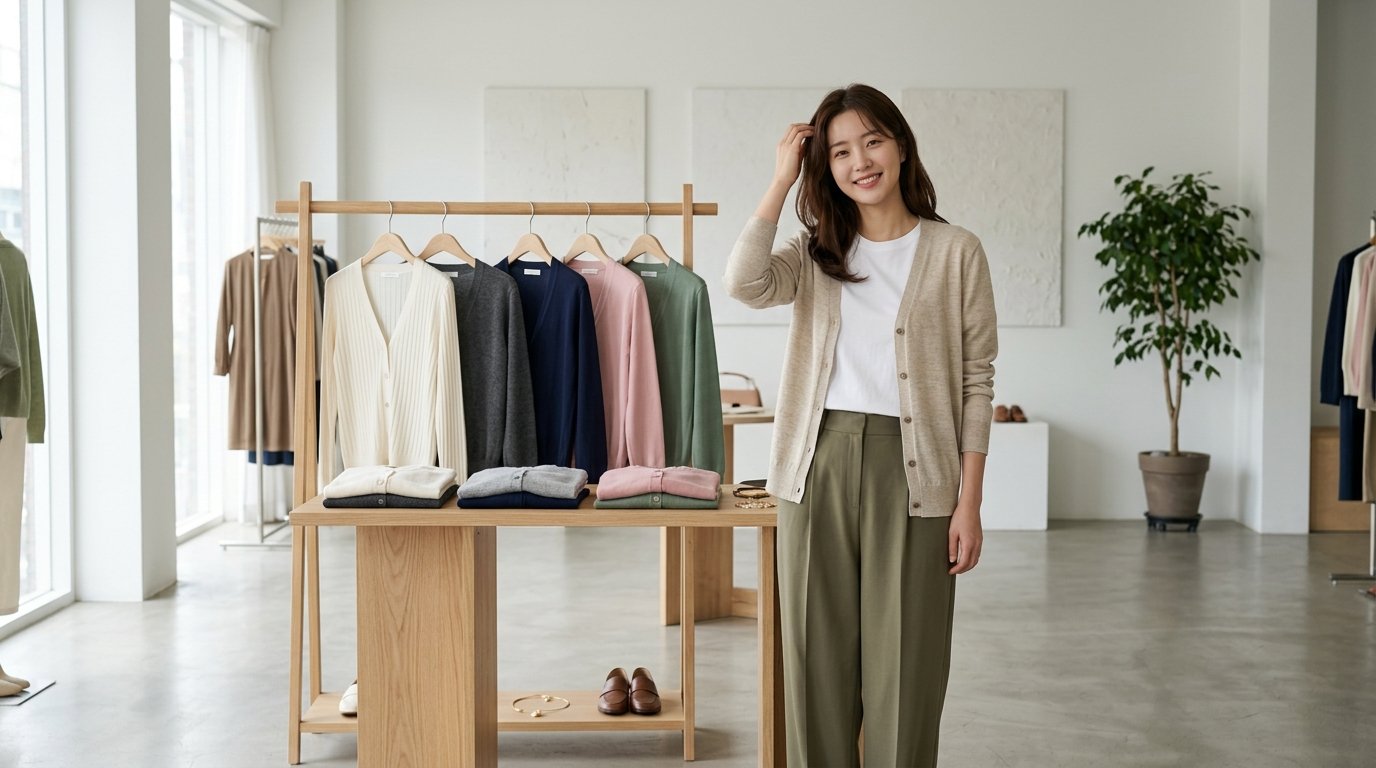 다양한 톤의 가디건이 정리된 디스플레이입니다.