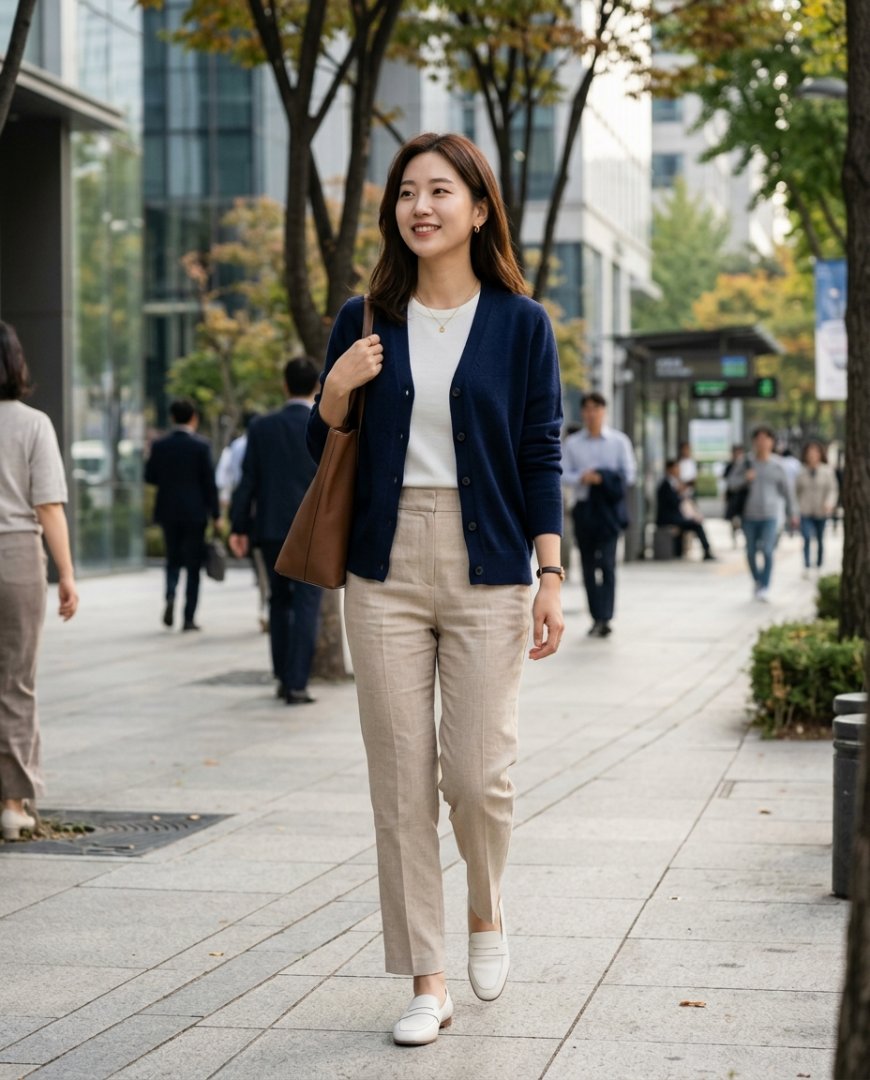 출퇴근길에 착용한 가디건과 슬랙스, 로퍼