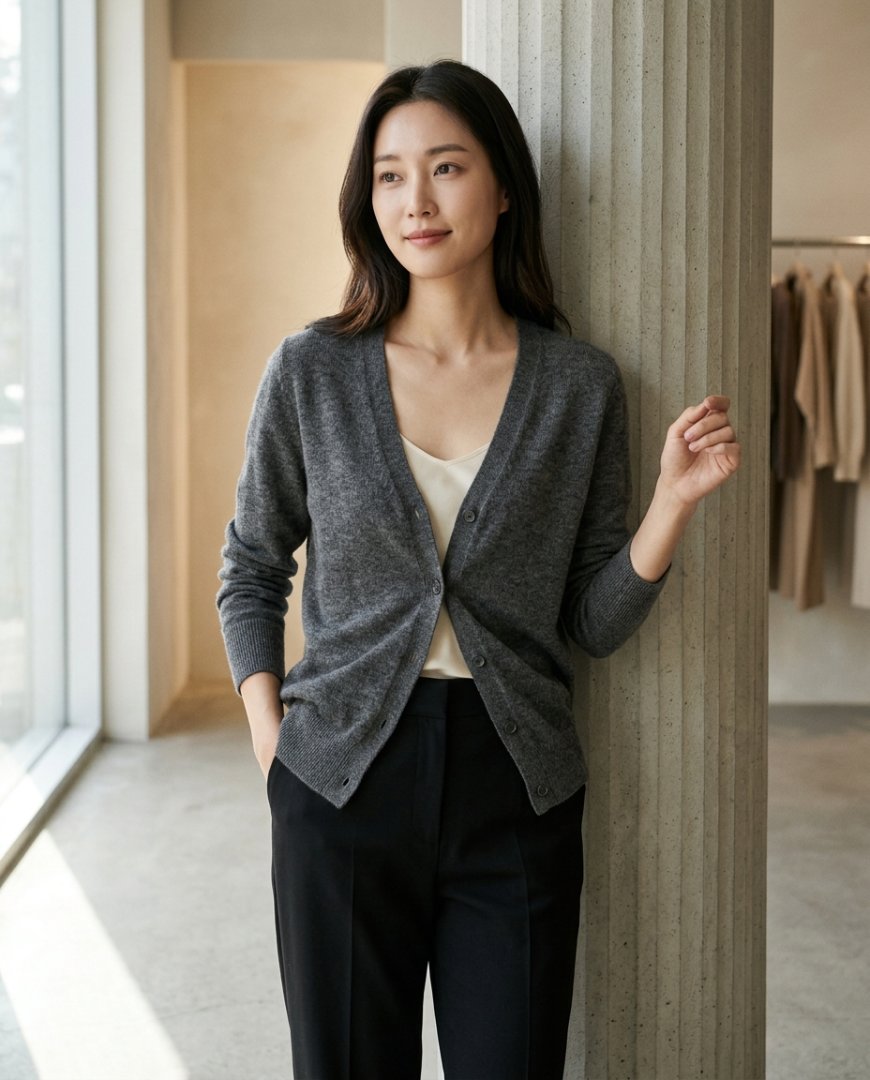 책이 많은 도서관에서 차려입은 가디건과 정장바지