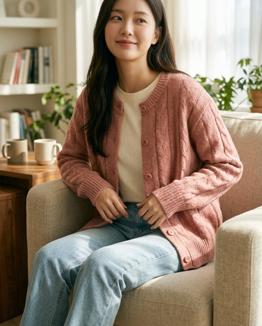 공원에서 느긋한 주말을 즐기는 가디건과 데님