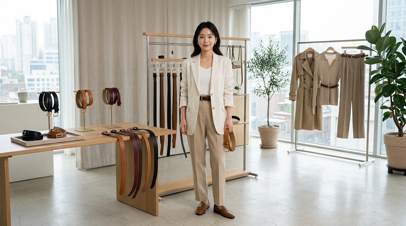 다양한 여성 벨트가 나란히 놓인 장면