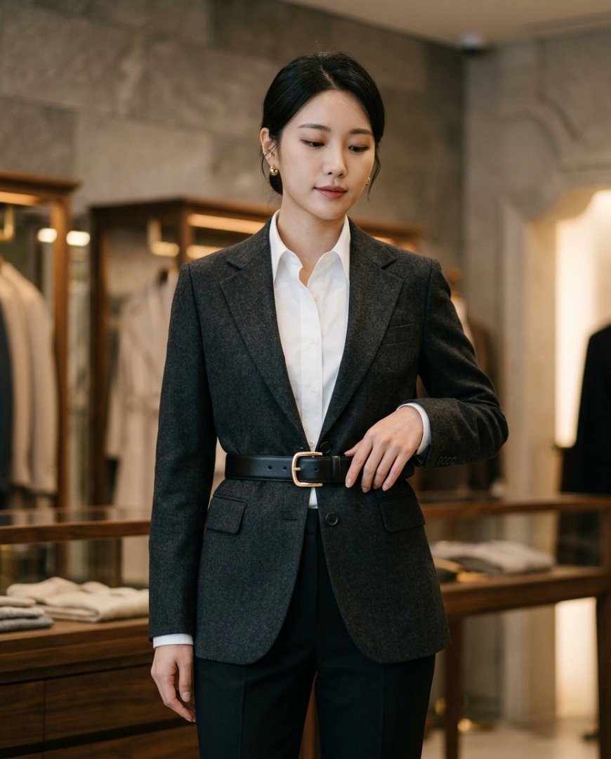 블랙 가죽 벨트와 정장 조합의 모습