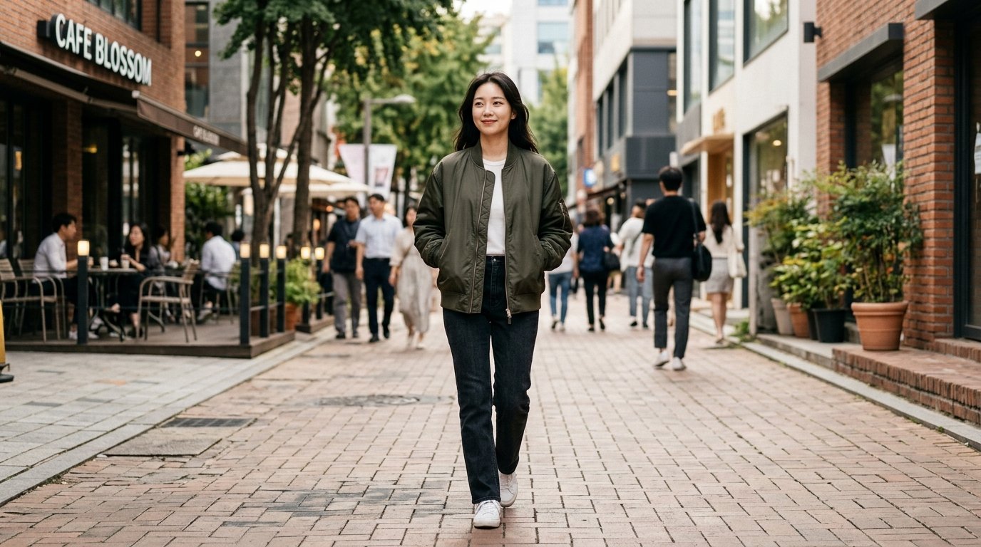 여러 여성 블루종을 입고 있는 모델들이 도시 거리에서 포즈를 취하고 있음