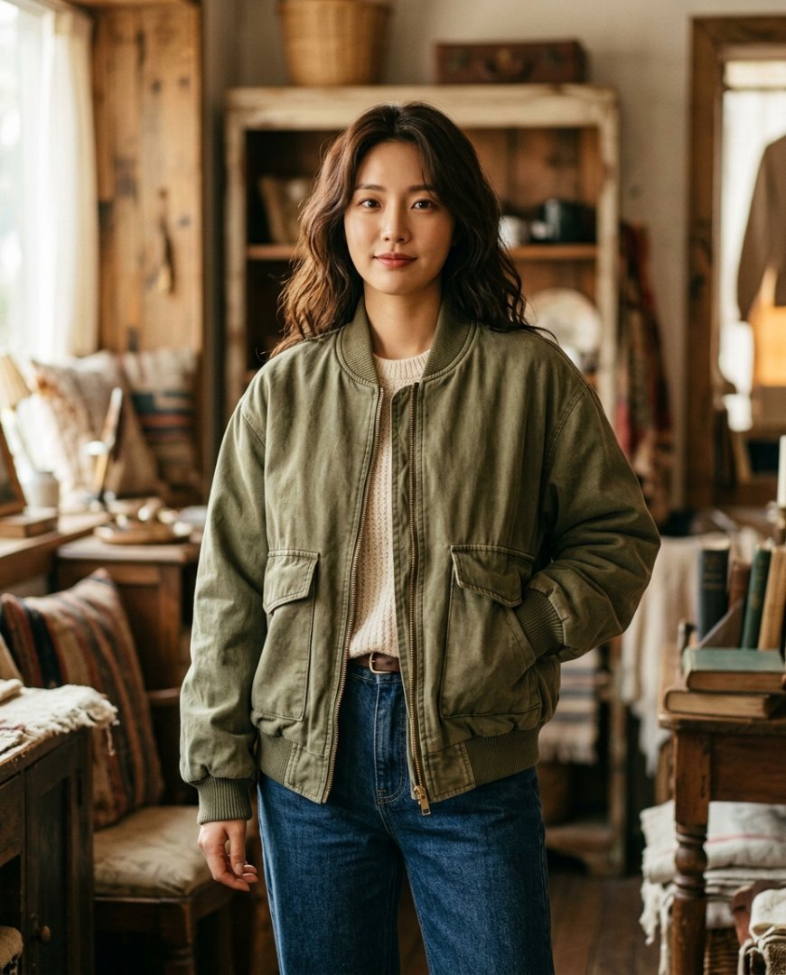 빈티지 스타일 블루종을 입은 모델, 카페 내부