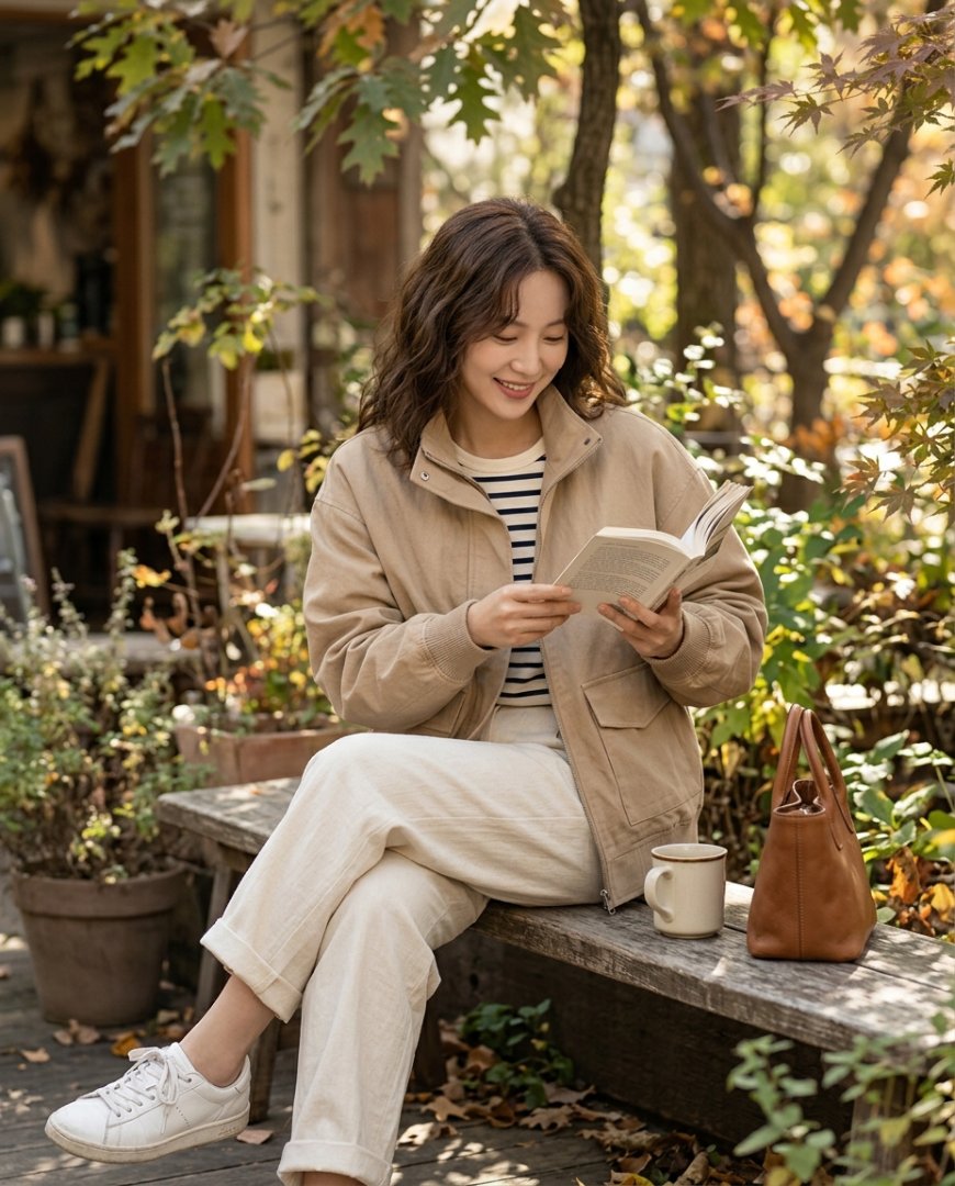 진과 캐주얼 블루종을 매칭한 편안한 주말 룩