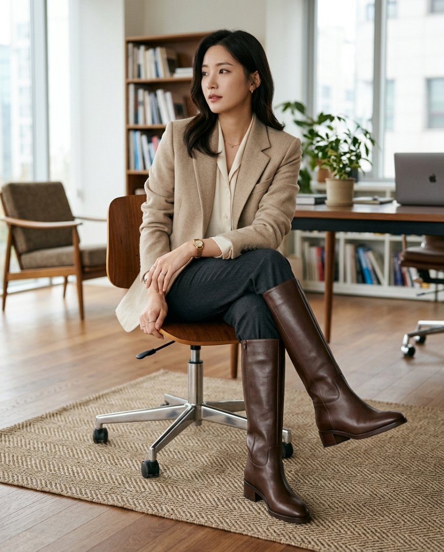 사무 공간에서 슬랙스와 블레이저, 롱 부츠를 활용한 코디.