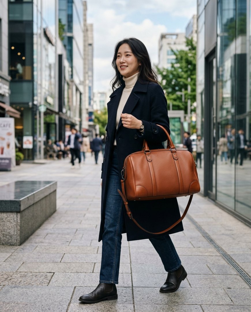 도심 거리에서 보스턴백을 들고 있는 여성