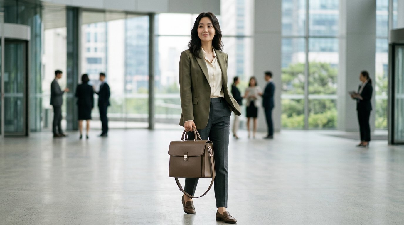 책상 주위에 다양한 여성 서류가방과 의상이 놓여 있는 오피스 공간의 장면.