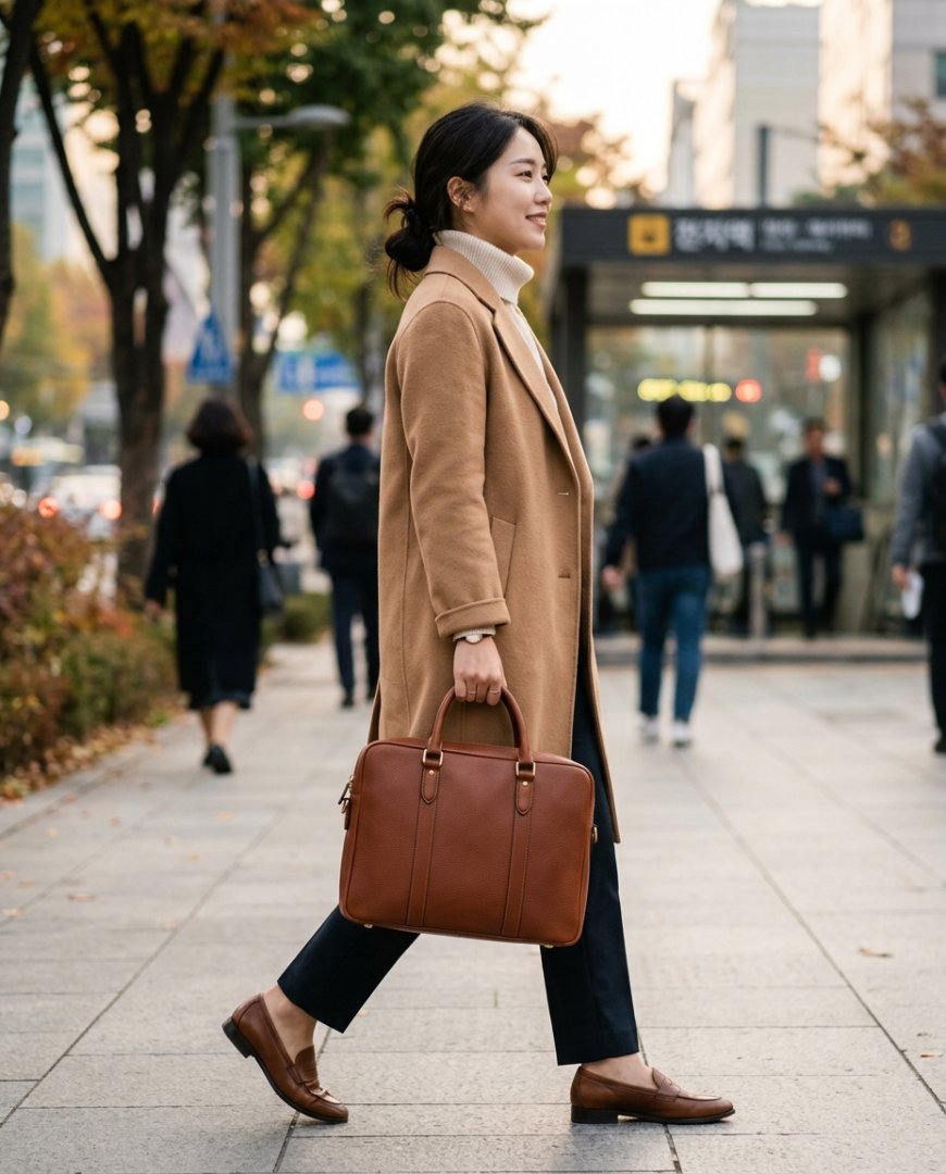 캐주얼 의상과 어울리는 크로스바디 백을 도심 속에서 보여주는 모습.