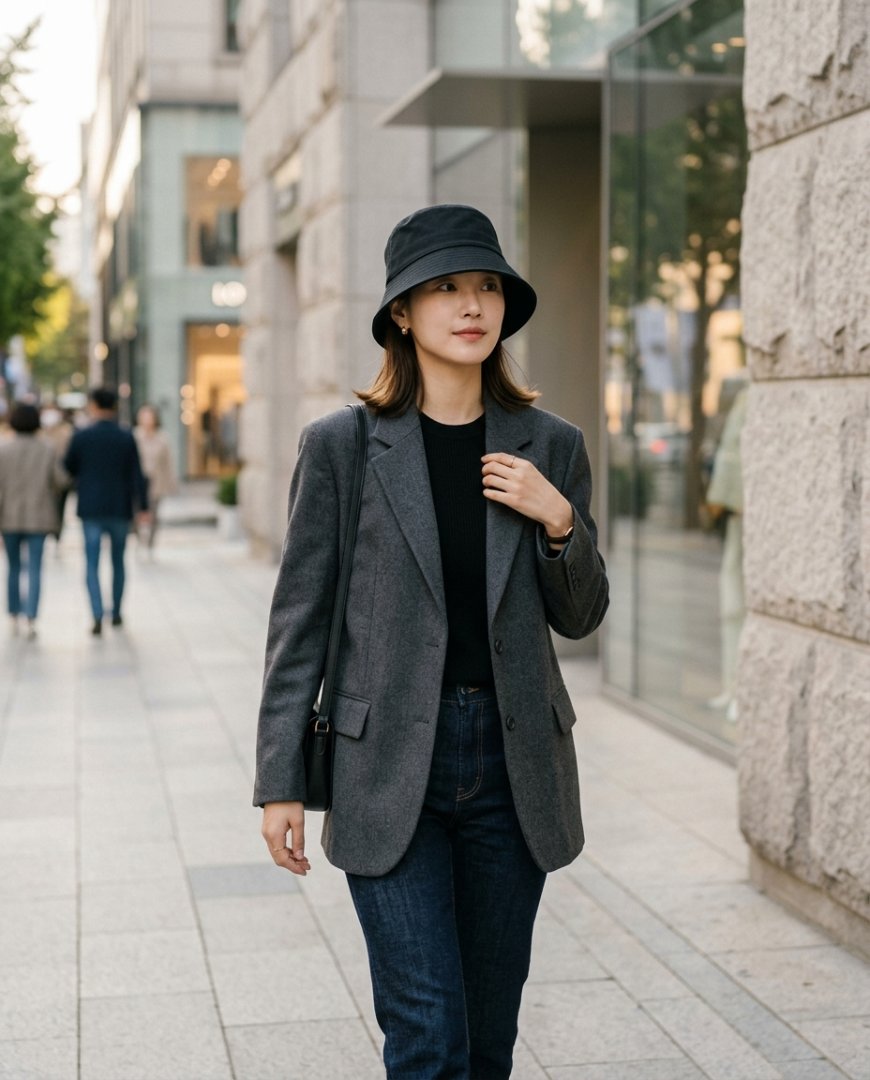 블랙 버킷햇과 긴 망토를 입은 여성의 세련된 모습.