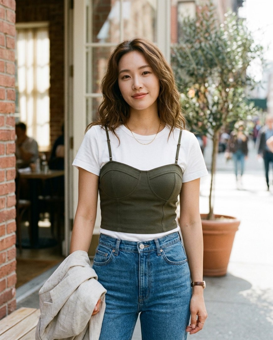 도시 배경의 캐주얼 뷔스티에 스타일.