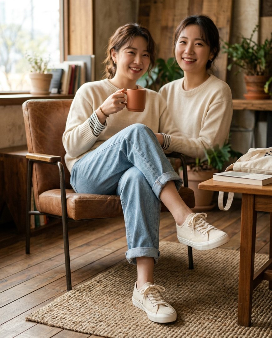 공원 벤치 위에서 놓인 편안한 캔버스화