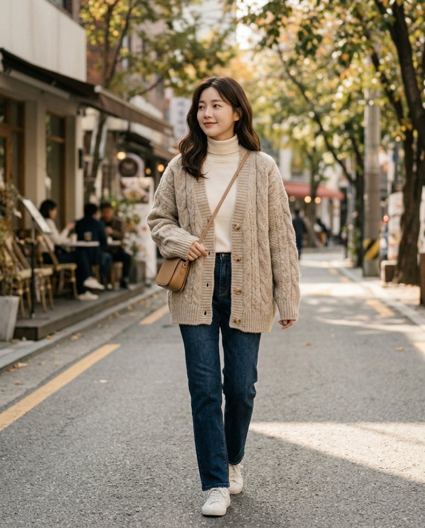 레드 가디건과 데님을 입고 편안한 느낌을 주는 여자