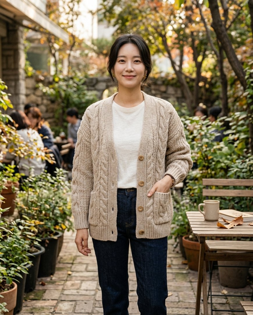 화이트 가디건과 팬츠를 입고 휴식을 취하는 여성