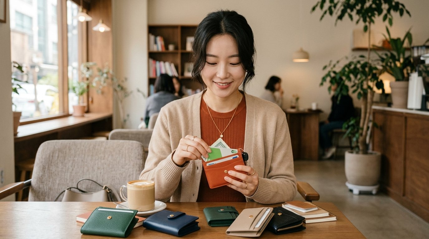 여성용 카드지갑 여러 개가 나무 테이블에 배열된 장면