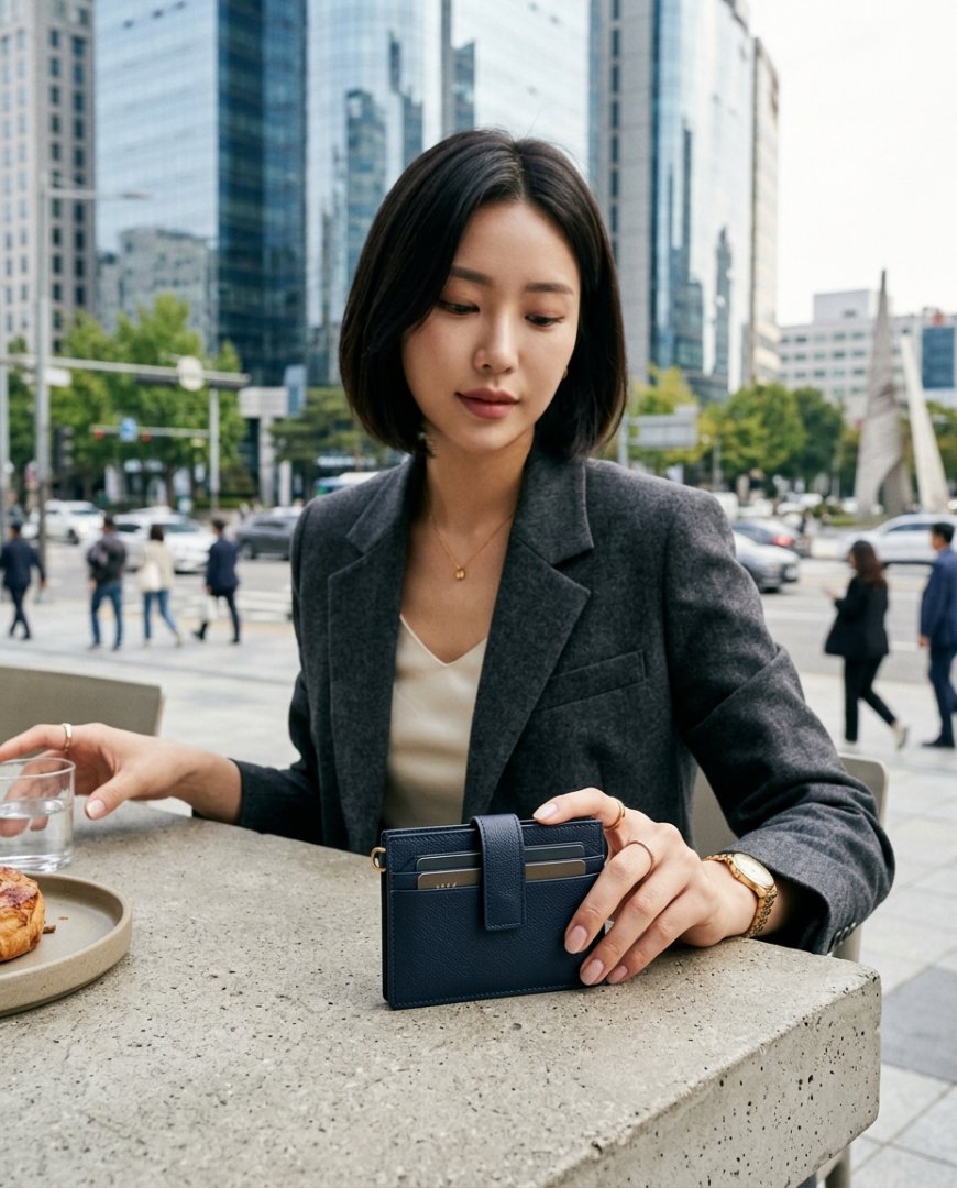 도시 배경으로 카드를 들고 있는 장면