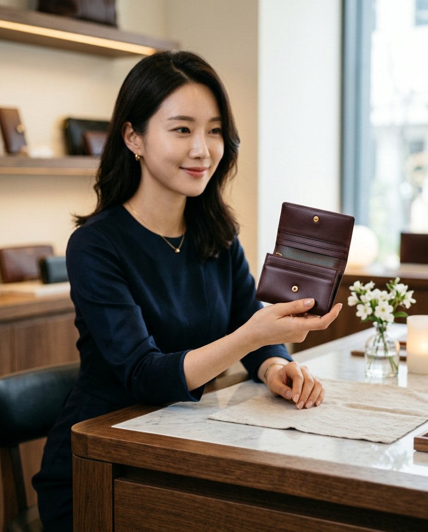 빈티지 나무 테이블 위에 놓인 클래식한 가죽 카드지갑