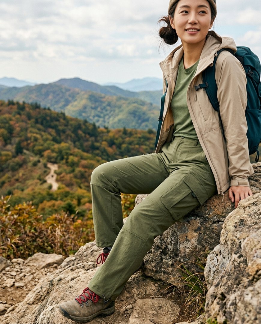 산길에서 트레킹 부츠와 카고팬츠를 입은 여성