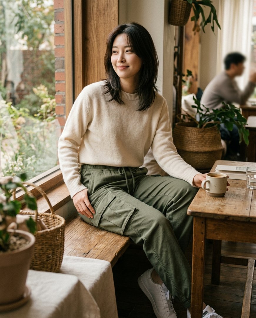 거실 소파에 앉아 편안한 팬츠를 입은 여성