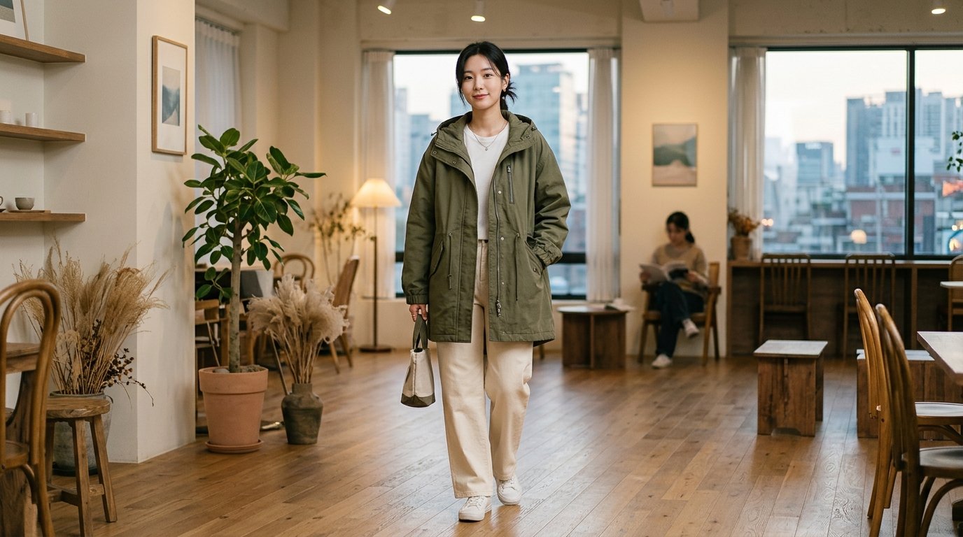 거리에서 캐주얼 점퍼를 입은 여성의 거리 스타일링
