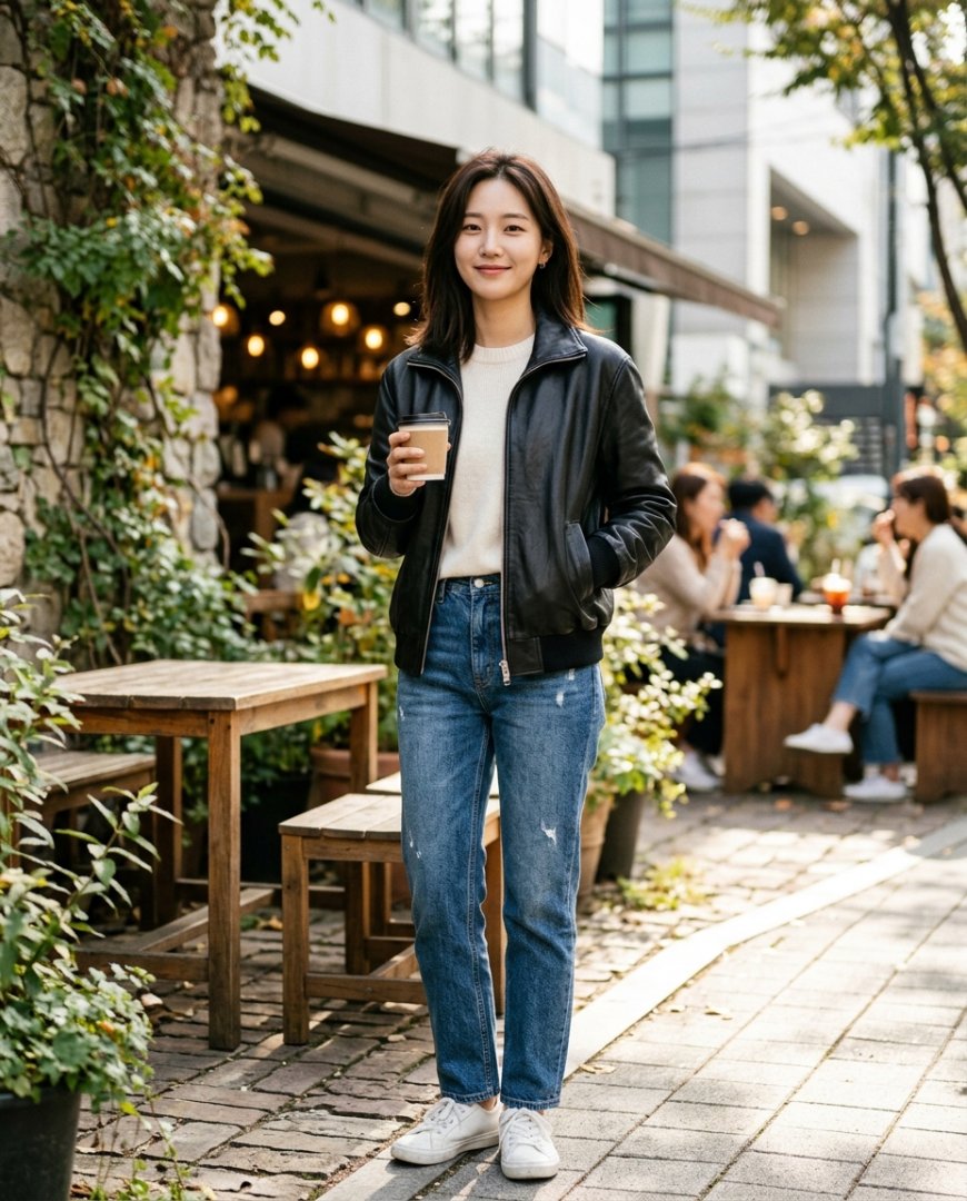 도심 공원에서 브라운 점퍼를 입은 여성의 캐주얼한 모습