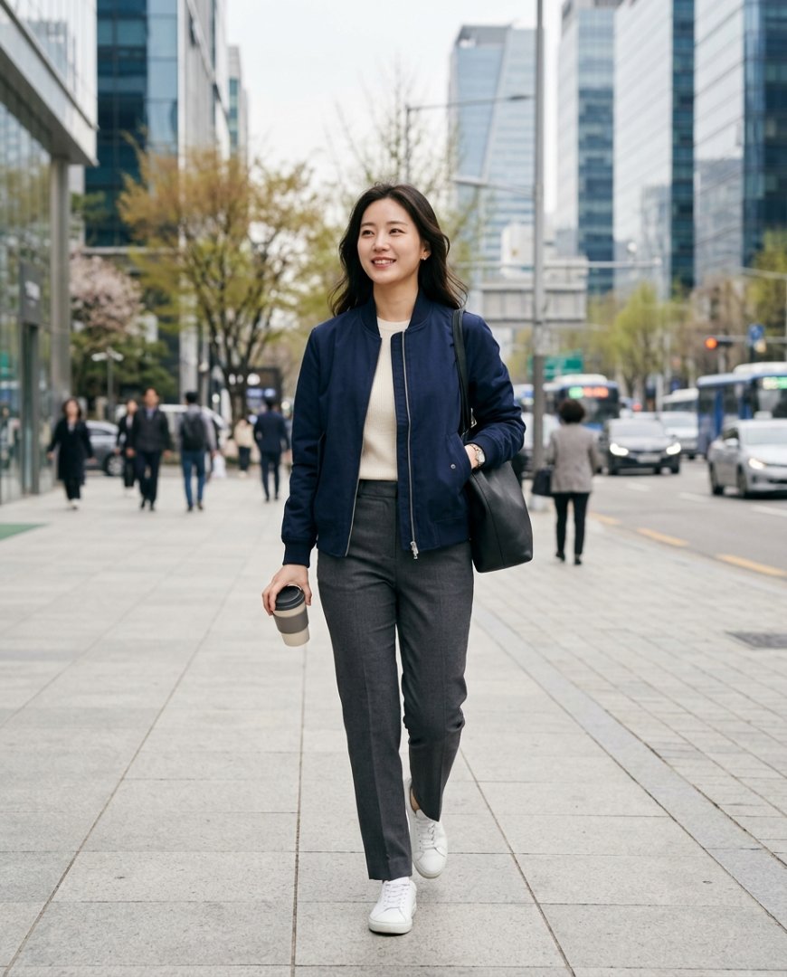 모던한 오피스에서 블랙 점퍼를 입은 여성이 슬랙스와 로퍼를 매치한 모습